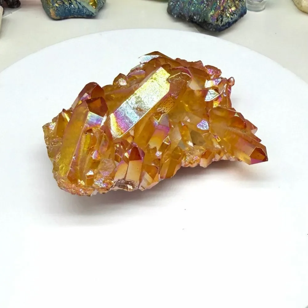 Amber Aura Quartz Crystal Cluster Orange Clear AB Aurora Iridescent Stone